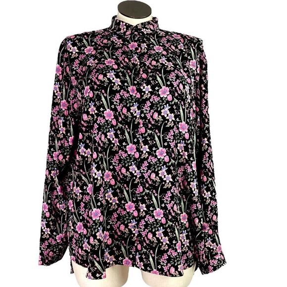 Big Dart Shirt Women M L Black Pink Floral Button Up Long Sleeve OVERSIZED NEW - Picture 1 of 6
